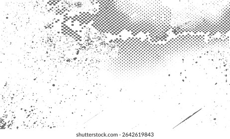Fundo abstrato em tons de cinza com um padrão quadriculado angustiado parcialmente obscurecido por manchas dispersas e texturas grunge. O humor geral é cru e ligeiramente caótico.