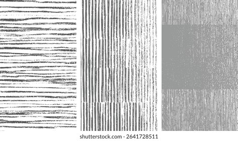 Grayscale abstract background featuring three distinct sections of vertical and horizontal lines varying in width and density creating a textured striped effect with gray tones and white spaces.
