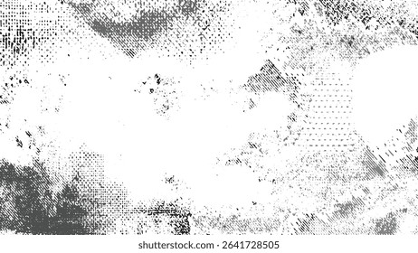 Grayscale abstract background with a mottled texture featuring a mix of dense and sparse areas in shades of gray creating a distressed effect The texture combines granular and linear elements