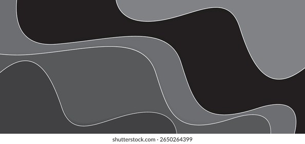 Fundo abstrato em tons de cinza com sobreposição de formas onduladas e linhas brancas tracejadas finas, design monocromático com profundidade em camadas, textura e fluxo para uso criativo moderno