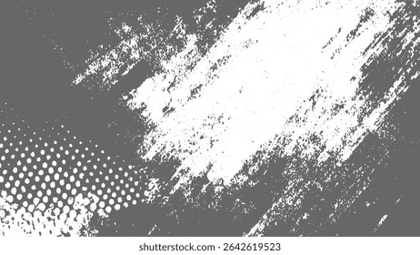 Grayscale abstract background with a prominent white and gray brush stroke and a halftone pattern section creating a textured and dynamic visual effect.