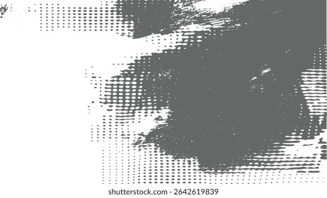 Grayscale abstract background with textured gray paint strokes and halftone dot patterns creating a dynamic interplay of light and dark areas. The dots vary in density and the brushstrokes are rough.
