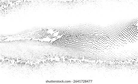 Grayscale abstract background with a textured top and bottom border and a central undulating wave of varying density dark gray dots on a white background creating a three dimensional effect.