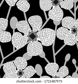 Flores abstractas de escala de grises vectoriales sin fisuras para decoración, embalaje, textil