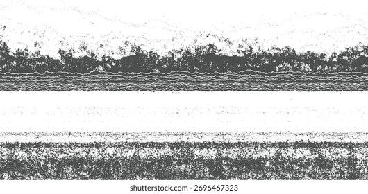 Grayscale abstract with horizontal wavy lines and scattered dots creating a textured surface.