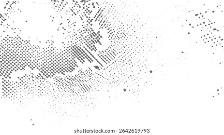 Imagem abstrata em tons de cinza com uma concentração densa de pontos e traços pequenos e médios no canto inferior esquerdo gradualmente se dispersando em uma dispersão esparsa de pontos em um fundo branco.