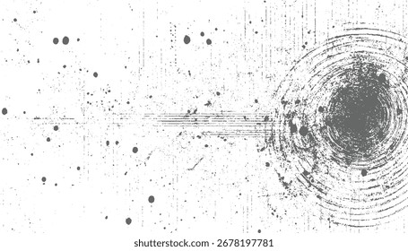 Ein abstraktes Graustufenbild mit verstreuten Punkten und konzentrischen kreisförmigen Mustern mit verzerrten Linien.