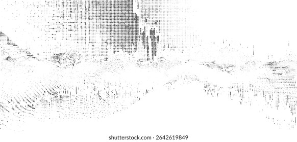 Imagem abstrata em tons de cinza com um padrão texturizado de densidades variáveis de pequenos pontos e traços, criando um efeito de paisagem urbana sobre um plano de fundo cinza e branco manchado.