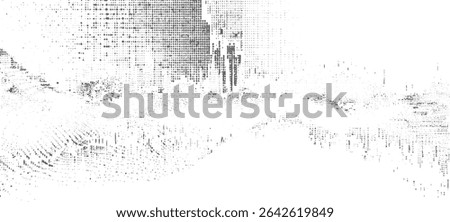 Grayscale abstract image with a textured pattern of varying densities of small dots and dashes creating a cityscape effect against a mottled grey and white background.