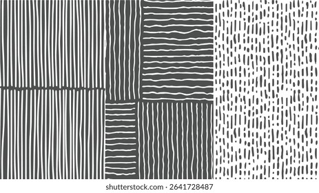 A grayscale abstract pattern with varying widths of vertical and horizontal lines and irregular dashes creating a textured effect. The color palette is limited to charcoal gray and white.