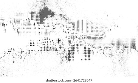 Grayscale abstract texture with a distressed grunge effect featuring a mix of black and dark gray dots lines and squares on a white background creating a mottled uneven appearance