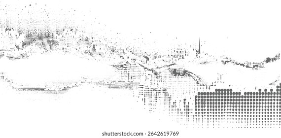 Grayscale abstract texture featuring dense clusters of small dots and lines creating a mottled effect The lower right corner shows a distinct halftone pattern