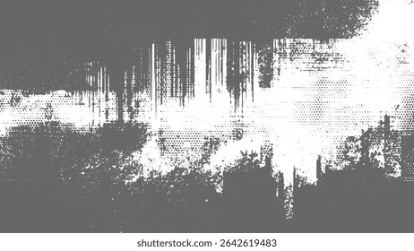 Textura abstrata em tons de cinza com padrões manchados brancos e cinza traçados de pincel vertical e pontos de meio-tom criando um efeito angustiado grunge