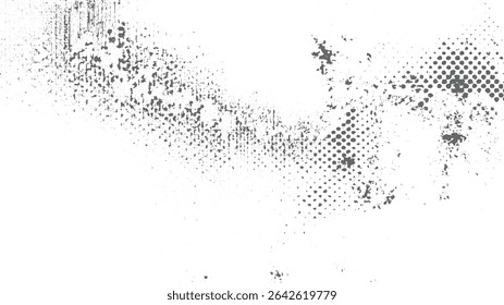 Grayscale abstract texture with a mix of irregular shapes and halftone dots creating a mottled effect against a white background The texture shows a blend of dark and light gray tones