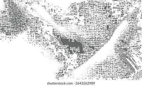 Grayscale abstract texture with mottled gray and white areas creating a distressed fabric-like effect. Irregular shapes and linear streaks are present. High contrast between light and dark tones.