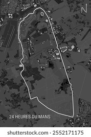 Un mapa Aéreas en escala de grises muestra el Circuit de la Sarthe, el hipódromo utilizado para la carrera de resistencia de las 24 Horas de Le Mans. La pista está delineada en blanco, serpenteando a través de un paisaje de edificios.