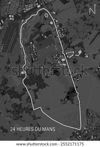 A grayscale aerial map depicts the Circuit de la Sarthe, the racetrack used for the 24 Hours of Le Mans endurance race. The track is outlined in white, winding through a landscape of buildings.