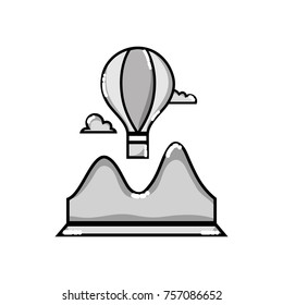 grayscale air balloon fly design with mountains and clouds around