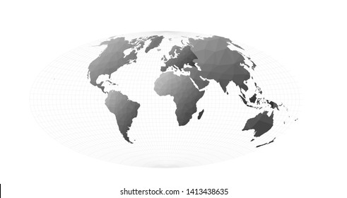 Grayscale Aitoff world map showing all continents. Simple and elegant design.