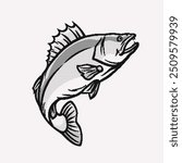 Grayscale background. An illustration of round particles. The dots form images. Vector graphics. A drawing of a walleye. An image of a fish in a retro style.