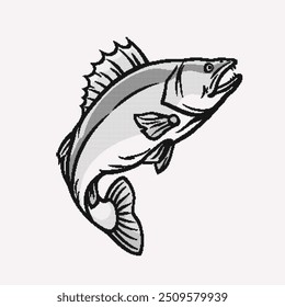 Grayscale background. An illustration of round particles. The dots form images. Vector graphics. A drawing of a walleye. An image of a fish in a retro style.