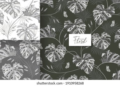 grayscale beautiful monstera pattern collection