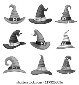 Grayscale blank cartoon witch hat party halloween costume icons set template edit vector illustration