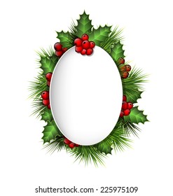 Grayscale blank frame with holly sprigs and pine branches on grayscale background