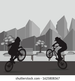 grayscale bmx bike cyclist silhouettes in the city park - vector