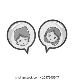 grayscale boy and girl head inside chat bubble