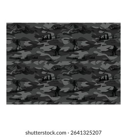 Grayscale camouflage seamless pattern with a hand-drawn mountain landscape, hiker, and trees. Monochrome vector background for outdoor adventure.