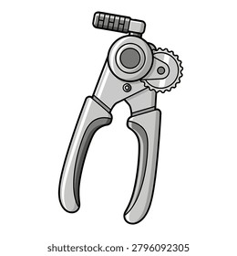 A grayscale cartoon illustration of a manual kitchen can opener with a rotating cutting wheel and a handle.