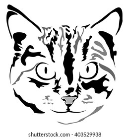 Grayscale cat head sketch isolated on the white (transparent) background.  Vector illustration eps