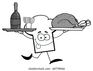 Grayscale Chef Hat Guy Serving Wine And Turkey