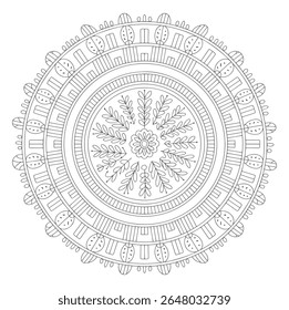 A grayscale circular mandala features a central flower motif surrounded by radiating floral leaves and geometric patterns. Concentric circles create depth. The style is intricate and detailed.