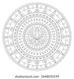 Uma mandala circular em tons de cinza apresenta uma flor de lótus central cercada por anéis concêntricos de padrões florais e geométricos intrincados. O estilo é detalhado e simétrico.