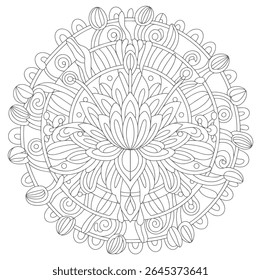 A grayscale circular mandala features an intricate floral design with detailed linework and swirling patterns. The central flower is surrounded by layers of geometric and organic shapes.