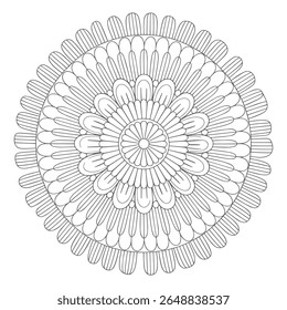 Uma mandala circular em tons de cinza apresenta intrincados padrões florais irradiando do centro. O design é simétrico com camadas de pétalas detalhadas e linhas criando uma textura complexa.