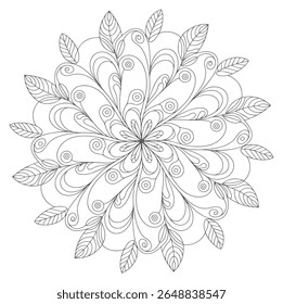 Uma mandala circular em tons de cinza apresenta uma intrincada arte de linhas de folhas e redemoinhos criando um padrão floral detalhado. O design é simétrico e tem um efeito calmante.