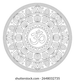 Uma mandala circular em tons de cinza apresenta um símbolo Om em seu centro rodeado por padrões de linha intrincados e motivos florais. O desenho é detalhado e simétrico.