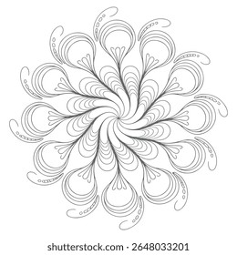 A grayscale circular mandala features a swirling pattern of concentric curves and lines creating a visually intricate design against a white background. The style is detailed and symmetrical.