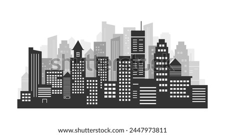 Grayscale City Buildings Landscape Vector Illustration. Black white grey cityscape scenery