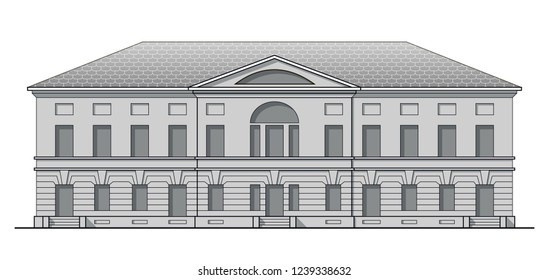 Grayscale classic facade of antique building. Historic house in linear style