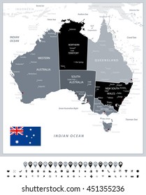 Grayscale color map of Australia and navigation icons. All elements are separated in editable layers clearly labeled.