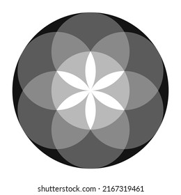 Grayscale colored Seed of Life. Ancient geometric figure, spiritual symbol and Sacred Geometry. Overlapping circles forming a flower like pattern, the preform of the Flower of Life. Isolated. Vector.