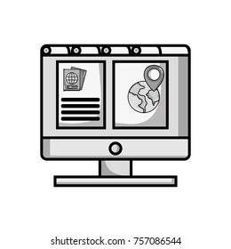grayscale computer with webside to travel tickets and location symbol