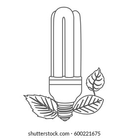 grayscale contour with fluorescent bulb and leaves vector illustration