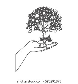 grayscale contour with leafy tree over hand vector illustration
