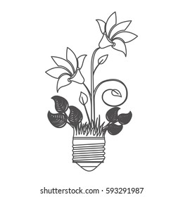 grayscale contour with light bulb base with plant with flowers vector illustration