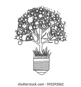 grayscale contour with light bulb base with leafy tree vector illustration